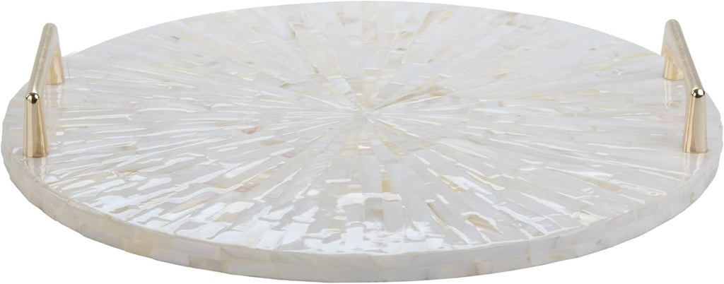 Mother of Pearl Decorative Tray, 13"" Round with Gold Metal Handles, Vanity/Perfume/Trinket Tray, Catchall for