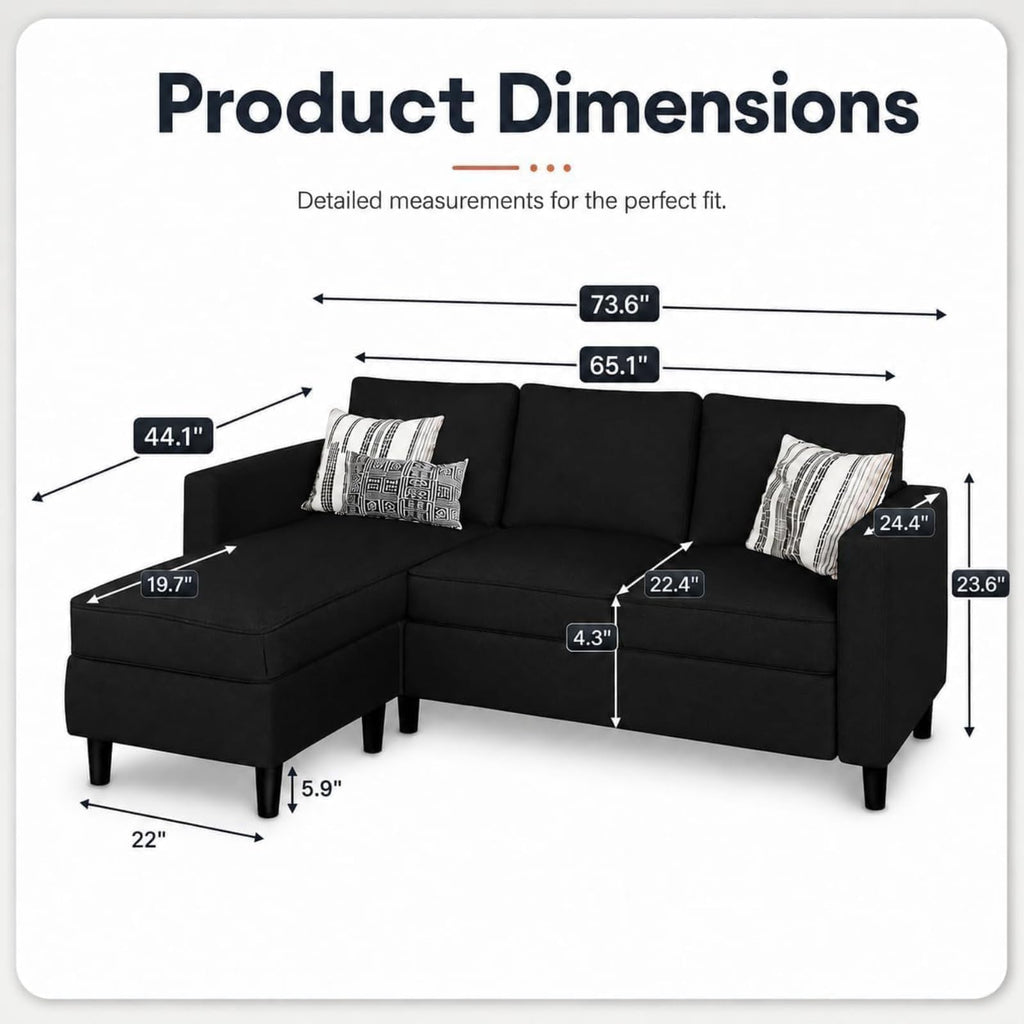 73.6" L-Shaped Small Sectional Couch with Ottoman, Black