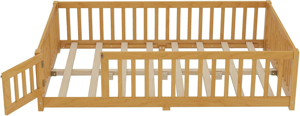 Full Size Montessori Floor Bed with Slats and Center Support Bar, Full Size Floor Bed with Door and Fence, Easy