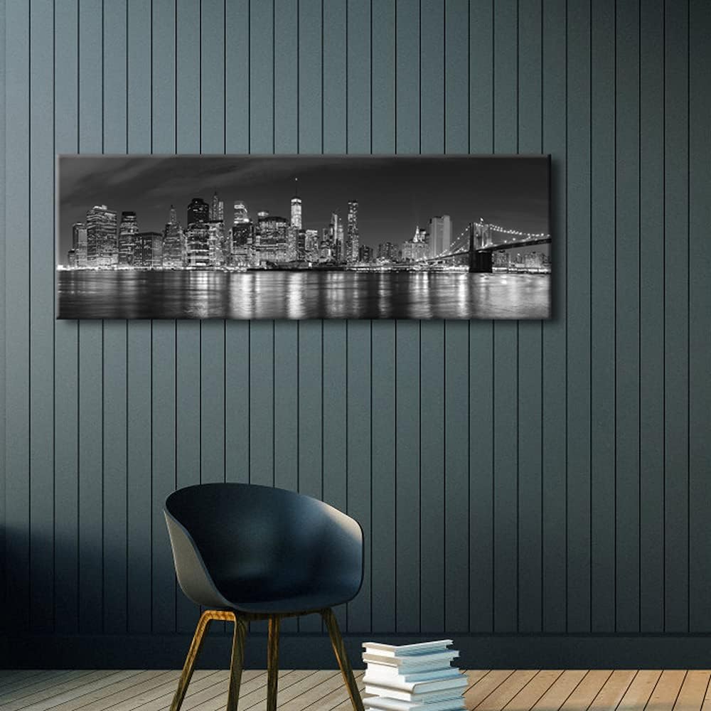 New York Manhattan Night View in Black and White Giclee Canvas Prints Modern Stretched and Framed Art work Cityscape