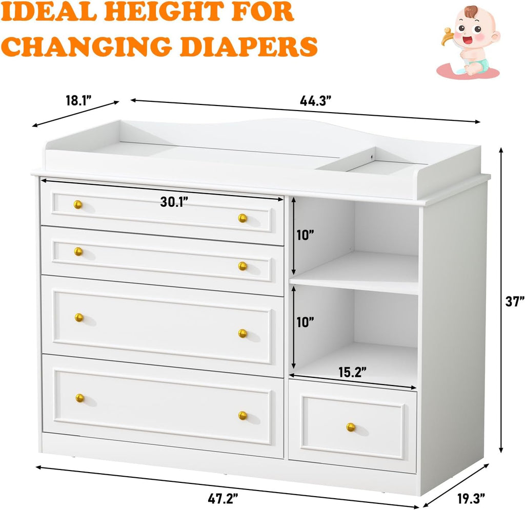 White Changing Table Dresser, Baby Nursery Dresser, Baby Diaper Changing Table, 5 Drawers, Adjustable Shelves, Metal