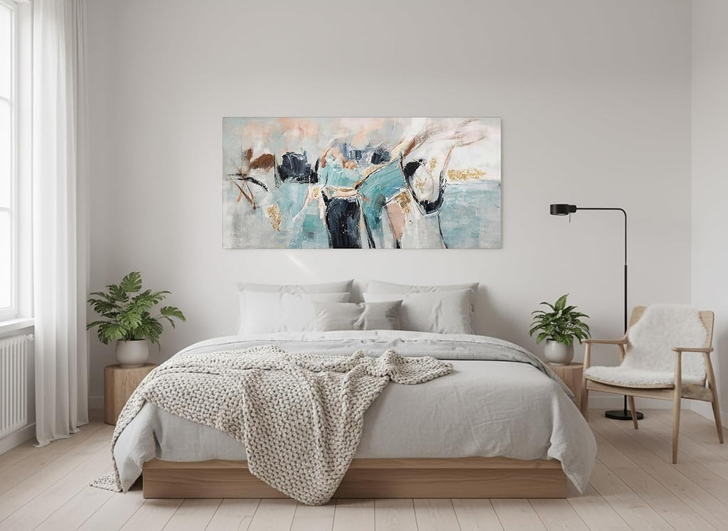 Large Framed Wall Art Abstract Canvas Print Teal Black Gold Artwork Modern Brushstroke Wall Decor Soft Neutral Shapes