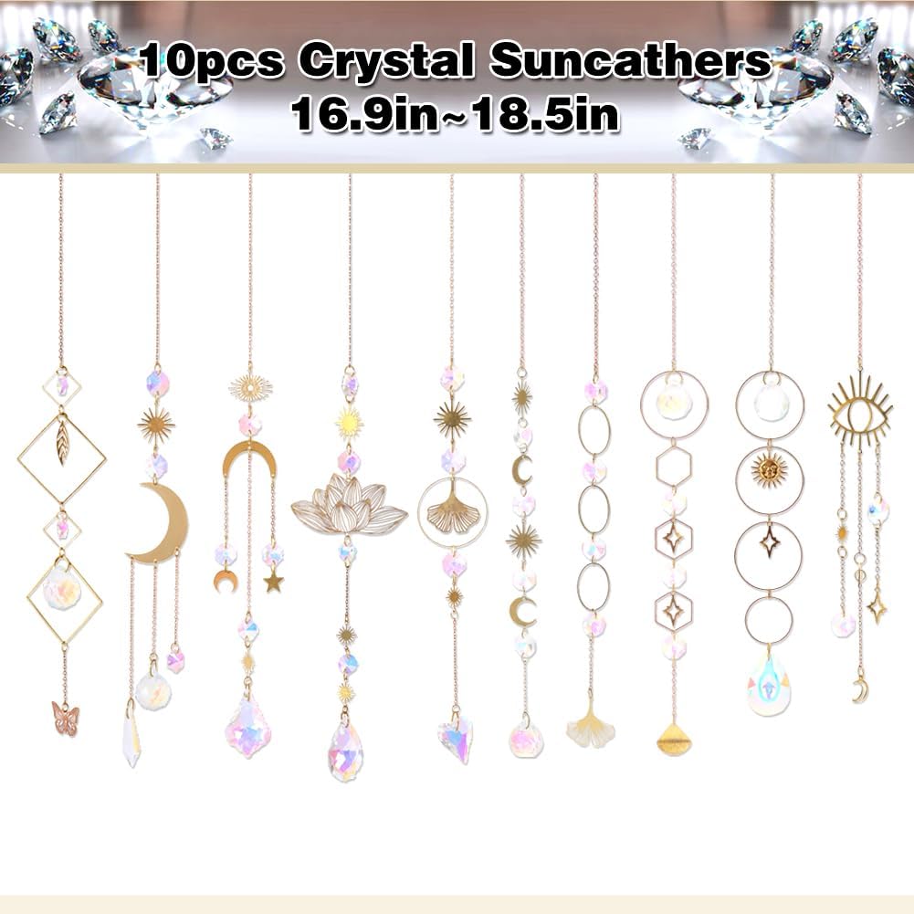 Sun Catchers, 10 Colorful Crystal Suncatcher with Chain Pendant Ornaments - Hanging Crystals Prism Rainbow Maker for