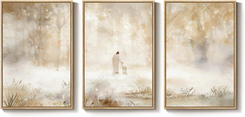 Large Framed Christian 3 Piece Wall Art, Jesus Leaves the 99 Sheep Canvas Prints, Neutral Gold Forest Misty