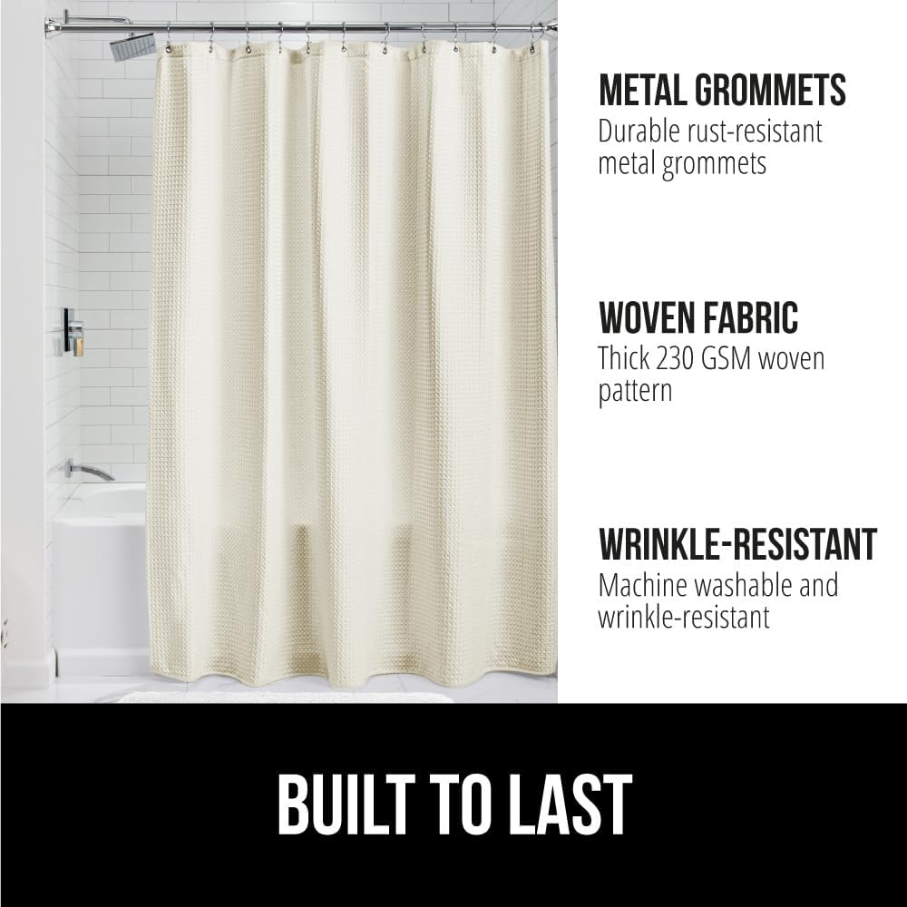 Ivory Cream Woven Textured Shower Curtain, Waffle Style , Thick Weighted Material, Machine Washable, Heavy Duty