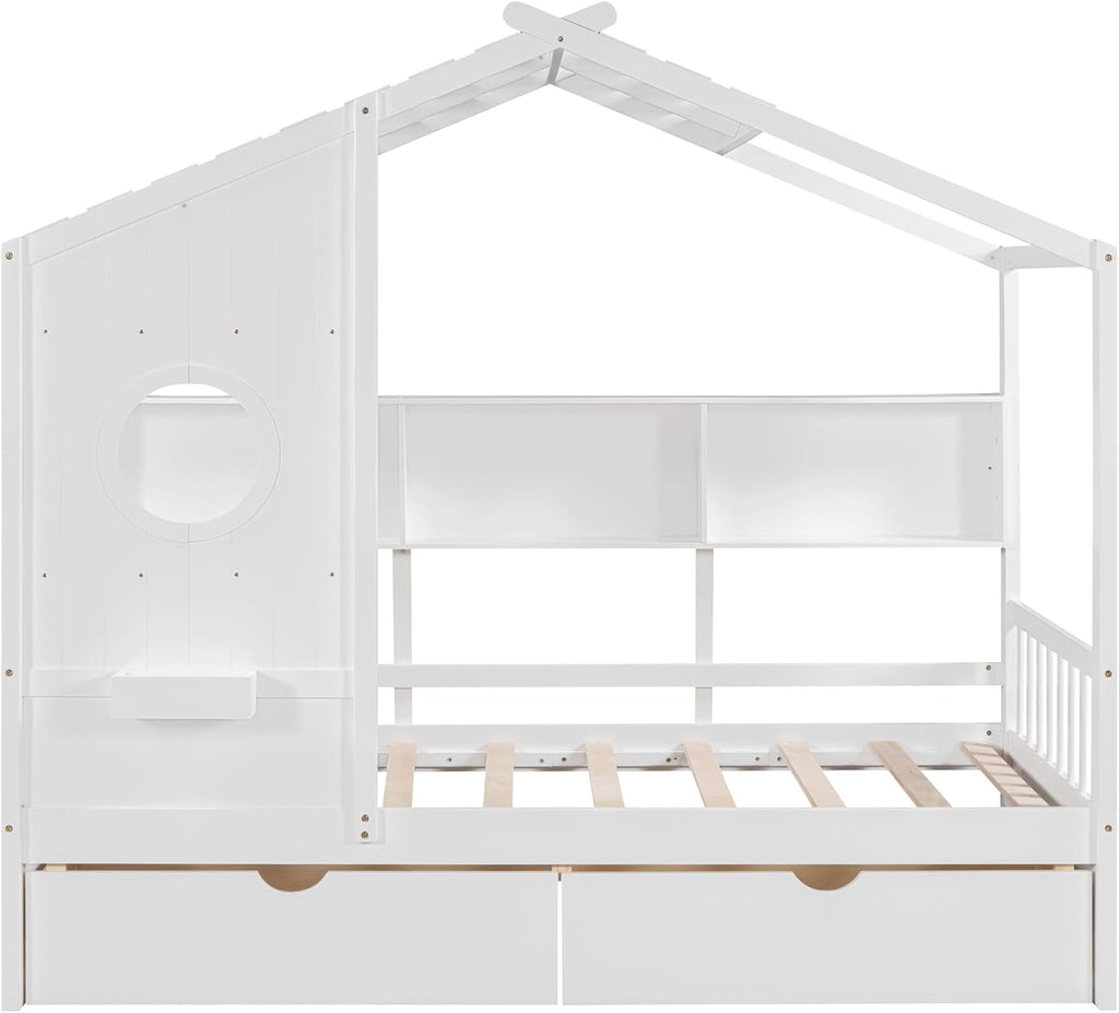 Twin Size House Bed with Storage Drawers,Kids House Bed Frame with Shelves,Cute Wood House Bed Twin with Roof for