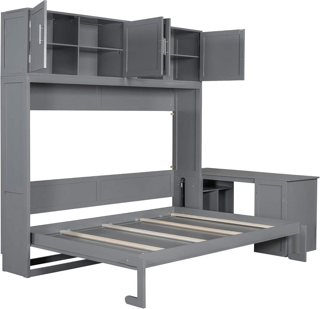 Queen Wall Murphy Bed with Desk and Storage Shelves and Big Cabinets for Guest Room, Bed Room, Guest Room, Home
