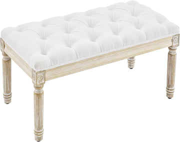 French Vintage Bench, Linen Fabric Entryway Bench, Upholstered Tufted End of Bed Bench with Brushed Wood Legs, White