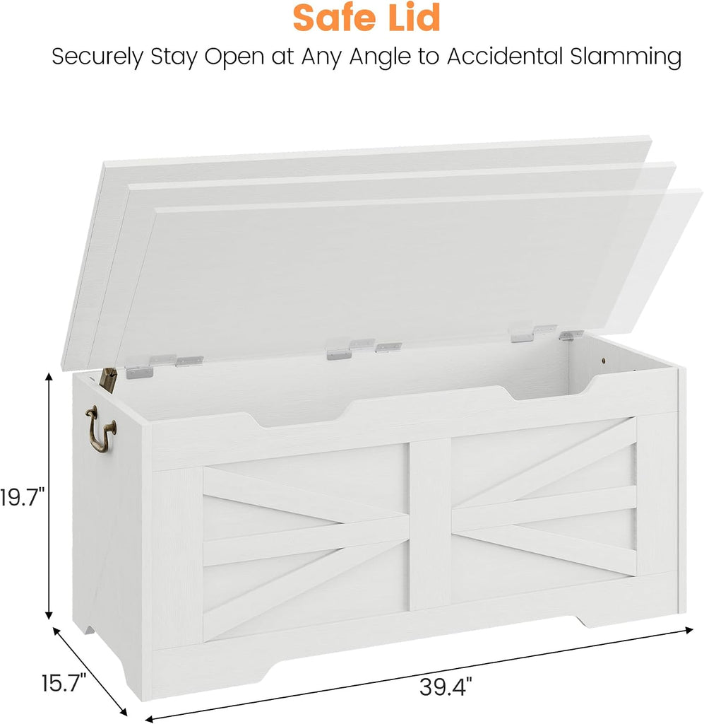 39.4" Large Wooden Storage Chest Bench with Safety Hinge, Blanket Chest , Farmhouse Storage Trunk , Sturdy Entryway