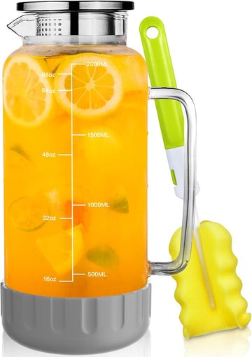 68oz Glass Pitcher with Lid, 2 Liter Water Carafe with Silicone Base and Precise Scale Line, Ice Tea Pitcher for