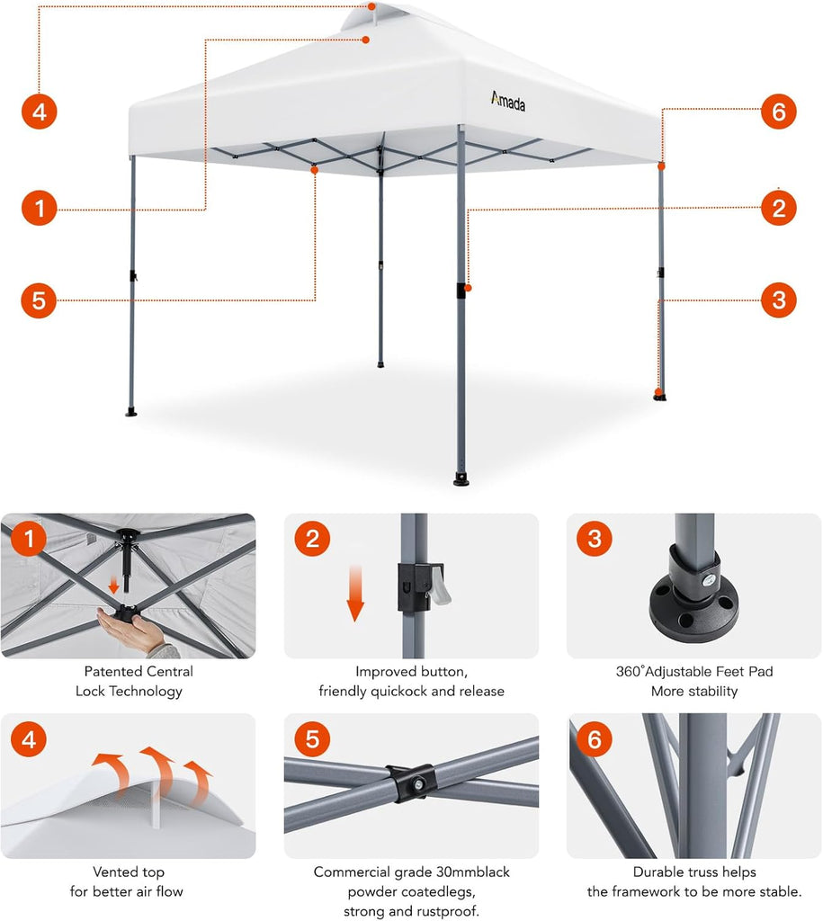 10x10 Pop Up Canopy Tent, 1-Button Push Easy-up Outdoor Canopy Beach Tent with 3-Height Adjustable Sun Shade