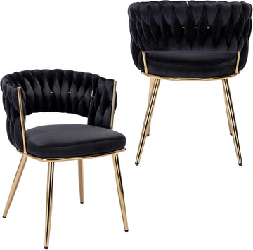 Velvet Dining Chairs Set of 2, Gold Modern Dining Chair with Metal Legs, Woven Upholstered Dining Chairs for Dining