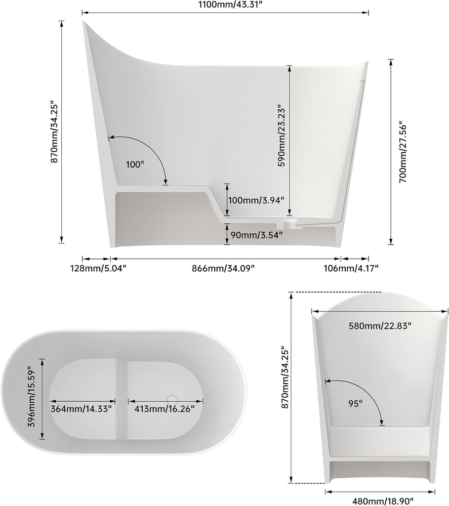 43" Premium Japanese Solid Surface Free Standing Bathtubs, Unique Small Matte White Stone Resin Soaking Tub with