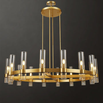 Inspired Ravelle Style Modern 48" Gold Wagon Wheel Chandelier, Brass Round Chandeliers for Dining Room,16-Light Farmhouse Living Room Chandelier with Glass Tube for Bedroom,Staircase, Foyer, Entryway, Includes Bulbs