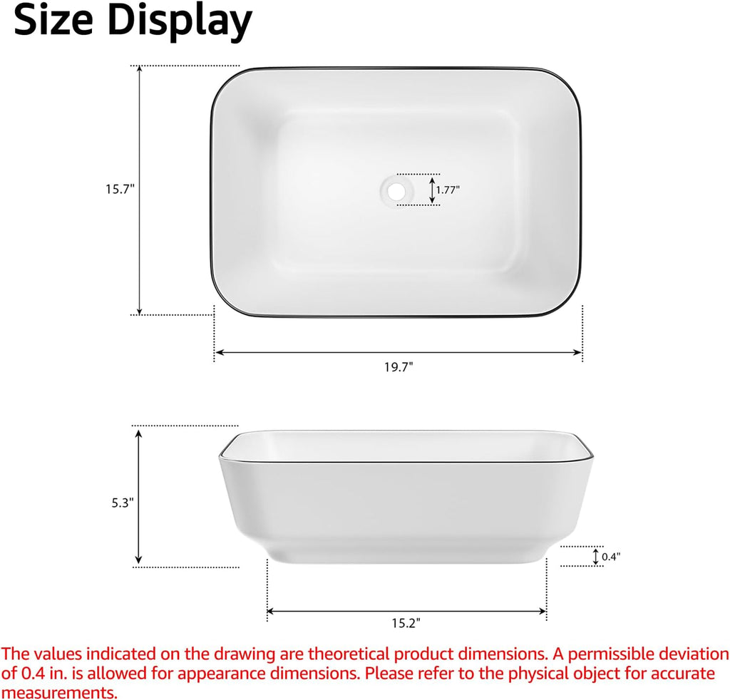 Bathroom Vessel Sink Rectangle Above Counter Porcelain Ceramic Sink Top Mount Rectanglar Countertop Sink for Bathroom 19.7"x15.2"x5.4" Glossy White with Black Rim