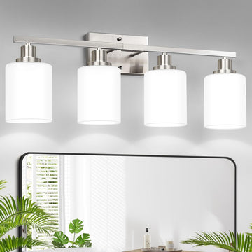 4-Light Vanity Light with Milky White Shades, Brushed Nickel Bathroom Lighting Fixtures Over Mirror, Modern Bathroom