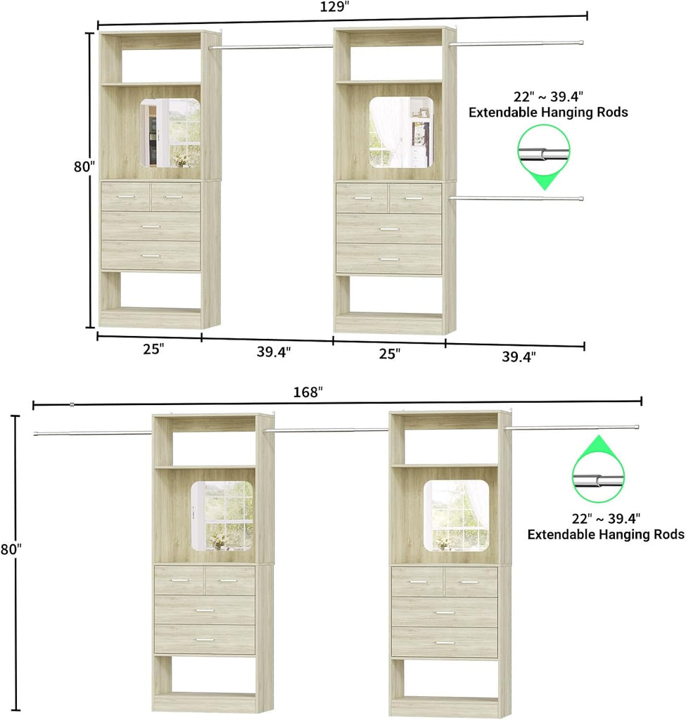 Closet System, 6-14FT Walk in Closet Organizer with 8 Drawers and Mirror, 168" Wood Closets Insert with Tower, Sturdy