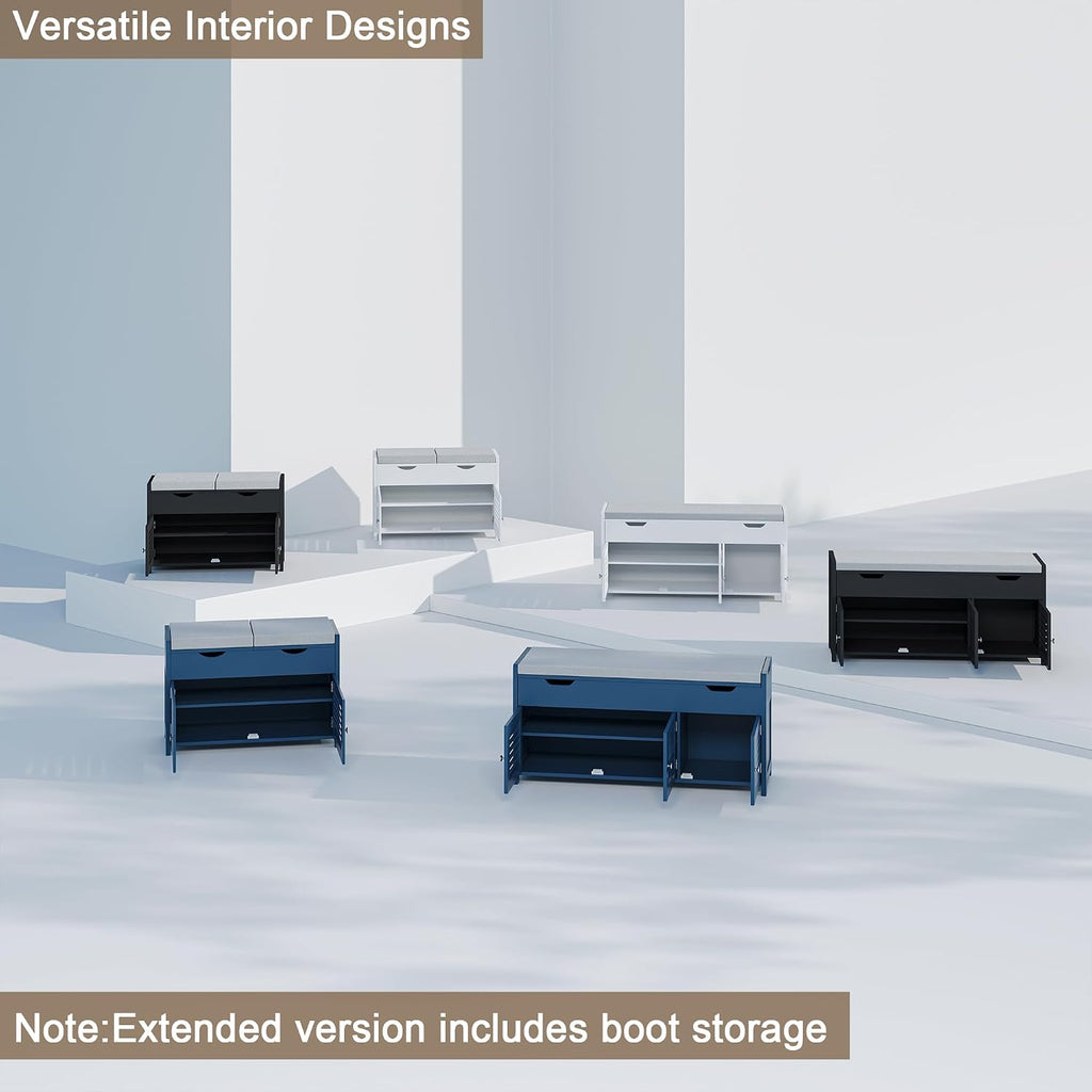 Shoe Storage Bench with Lift Top Storage, Entryway Bench with 2 Cushioned Seats, 3 Compartments, Adjustable Shelf