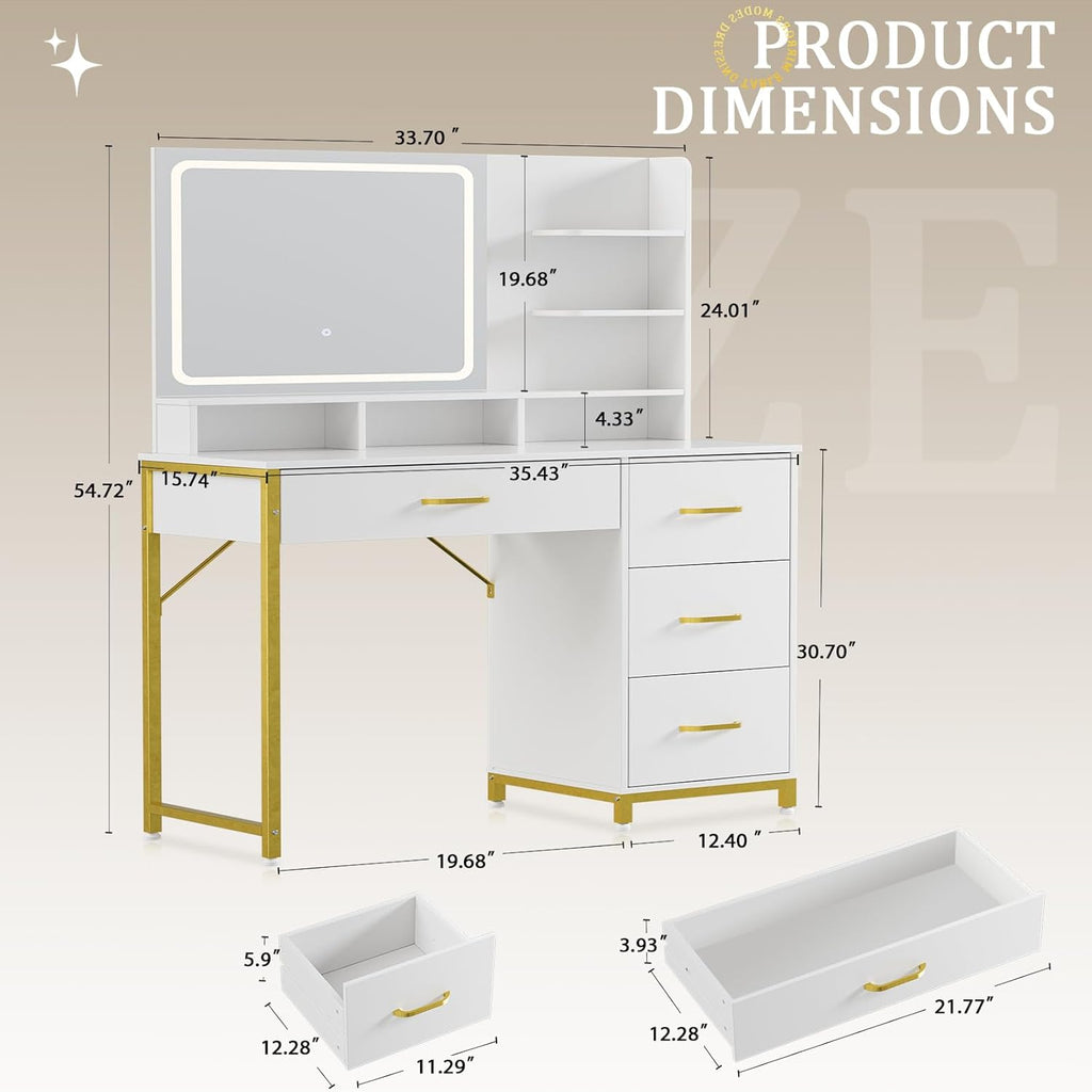 Vanity Desk with Mirror and Lights, Makeup Vanity Table with 4 Drawers & Storage Shelves, Large HD Mirror, 3 Color