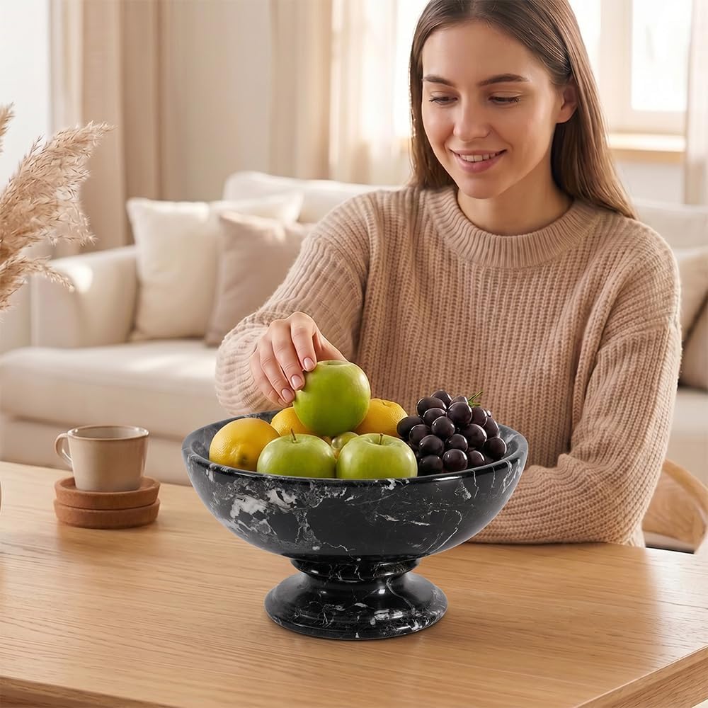 Marble Fruit Bowl Counter 10" Inches Black Decorative Bowl Table, Ideal Key Holder, Candy Dish and Marble Pedestal