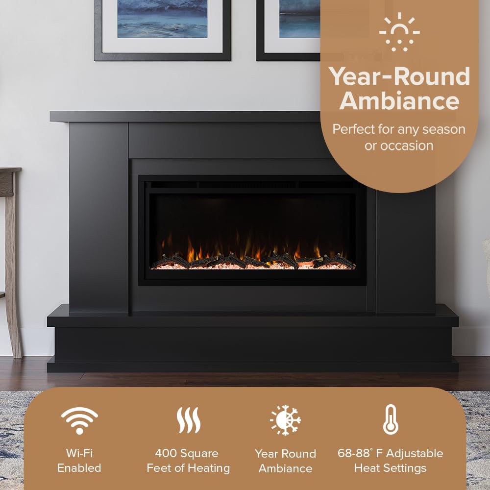 Black Mantel Package 64" W 42" H with 42 Inch Electric Fireplace - 5 Flame Colors, 10 Ember Bed Colors, Log