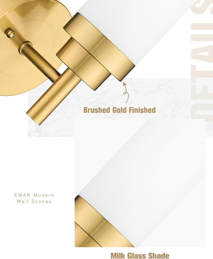 Wall Sconces Set of 2, Modern Brushed Gold Bathroom Vanity Sconce Wall Lighting with Milk Glass Shade for Bathroom