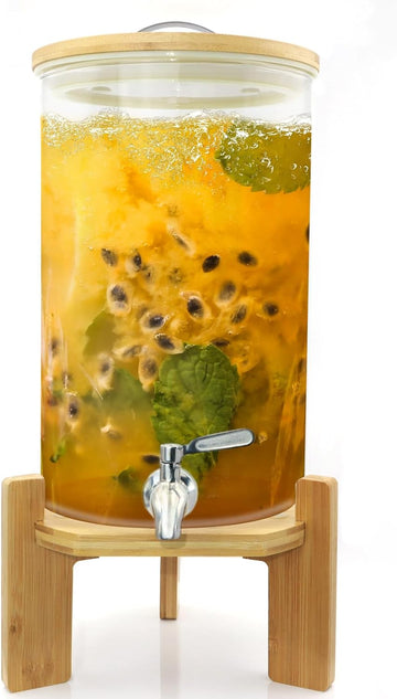 Glass Drink Dispenser with Stand,2.1 Gallons Wood Stand Cold Beverage Dispensers-Large Drink Dispensers