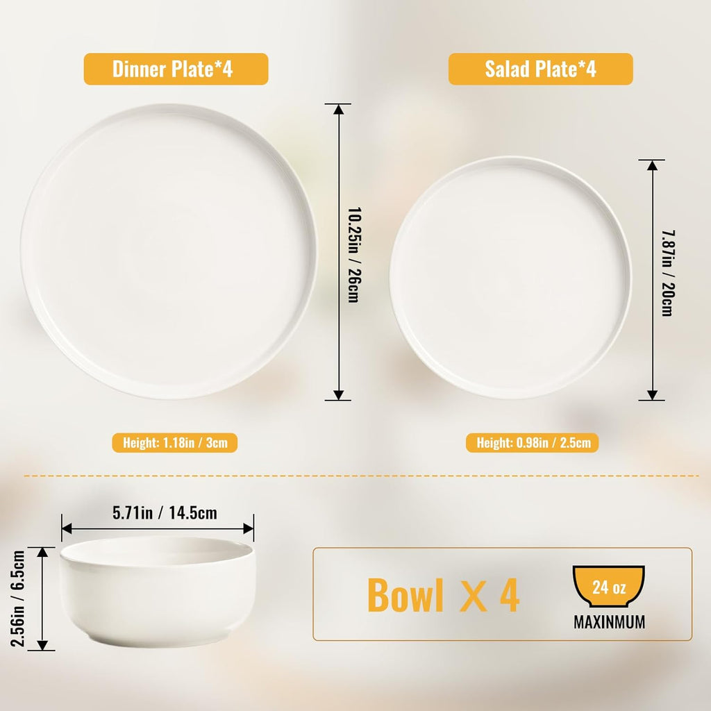Plates and Bowls Sets, 12 Pieces Ceramic Dinnerware Set for 4, Stoneware Dishware Dishes Set