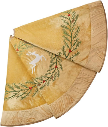 X.Sem Pine Branches Embroidered Velvet Christmas Tree Skirt with Pleat Velvet Border 50'' (Gold, 50 inch)