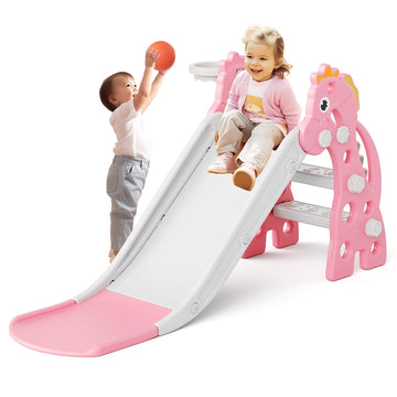Slide for Toddlers 1-3, 46.8 in Slide with Basketball Hoop (Pink)