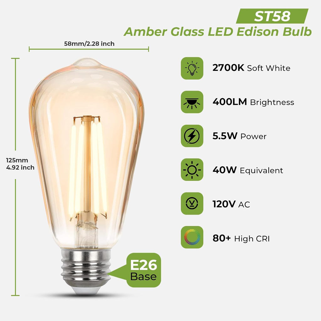 LED Edison Bulbs 40 watt Equivalent, E26 Light Bulb Dimmable, Soft White 2700K, Amber Glass ST58 Vintage LED Bulbs (4 Pack)