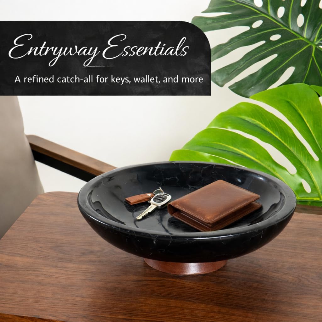Decorative Marble Bowl Black - Handcrafted Natural Stone on Acacia Wood Pedestal - Versatile 10" Catch‐All