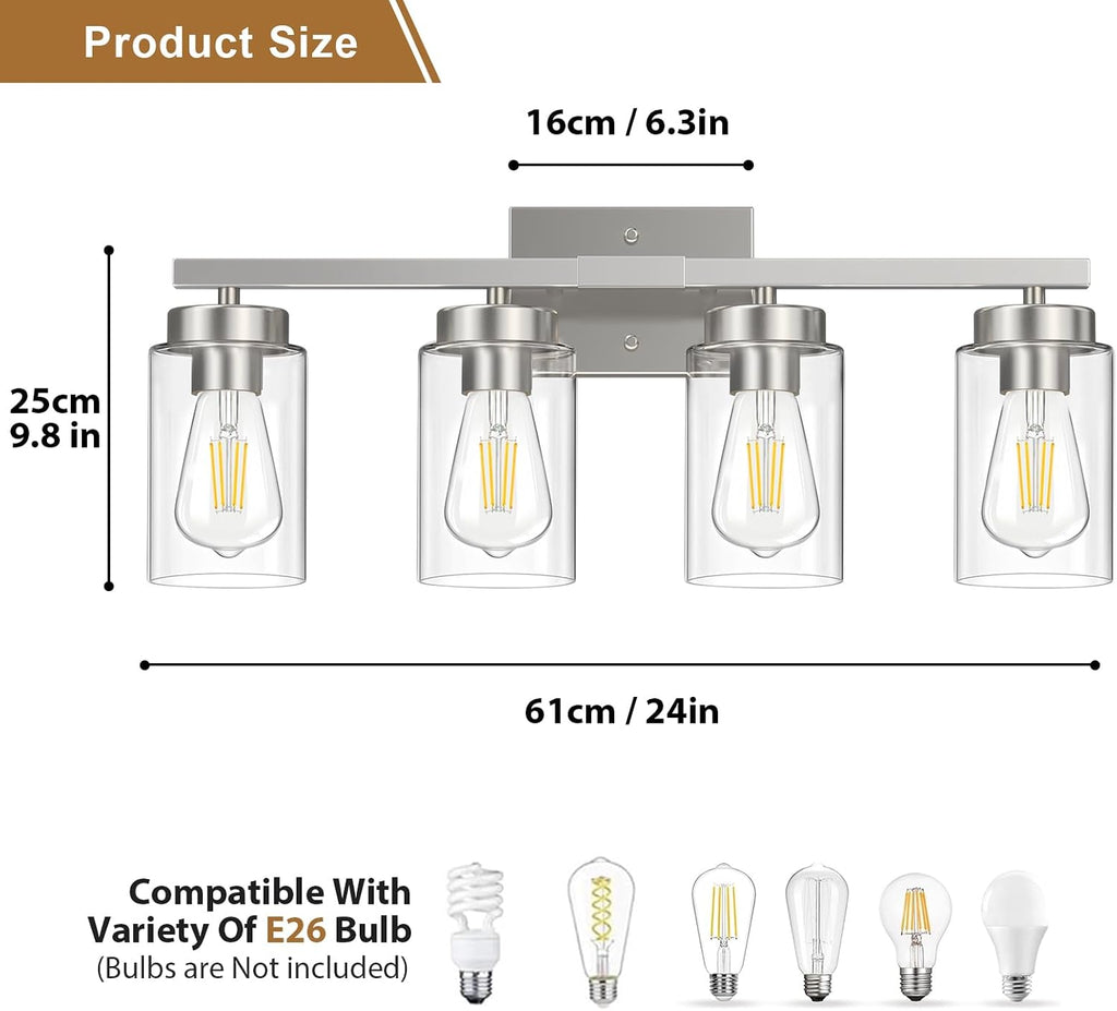 Modern Bathroom Light Fixtures, 4 Light Brushed Nickel Vanity Lights, Bathroom Lighting Fixtures Over Mirror with