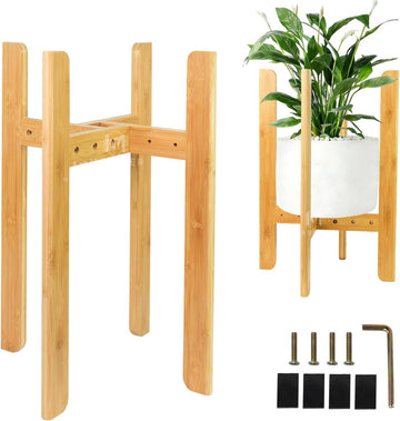 23.6" Tall Adjustable Plant Stand Indoor Flower Holder Fits 8-12 Inch Pots | Sturdy, Bamboo, Modern Mid Century