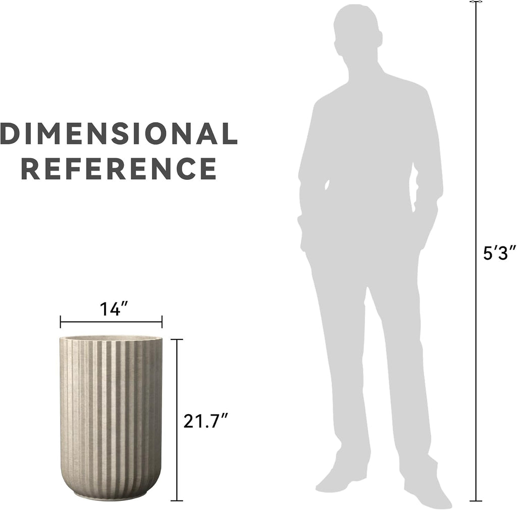 Large Round Column Weathered Concrete Planter 21.7" Tall, Outdoor | Fluted, Rubber Plug for Indoor, Drainage for