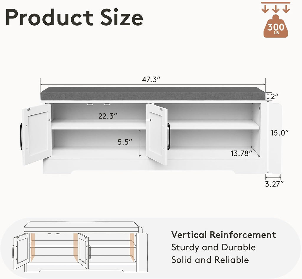 47.3" Shoe Storage Bench with Cushion, Entryway Shoe Cabinet, White | 3-in-1 Shoe Storage Bench, 47.3", Adjustable