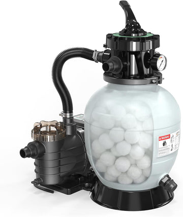 24H Timer) 12 in Sand Filter Pump with Filter Balls, 1585 GPH 1/2 HP High Efficiency Pool Pump with 7-Way Valve for