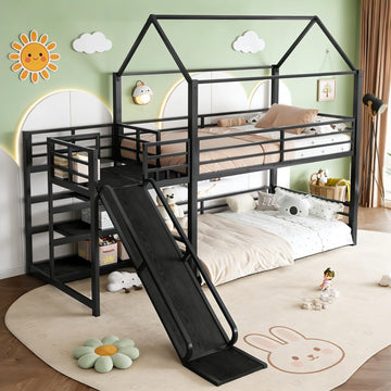 Metal Bunk beds Twin Over Twin with Slide and Storage Stairs, House Floor bunk Bed with guardrail for Kids,Black