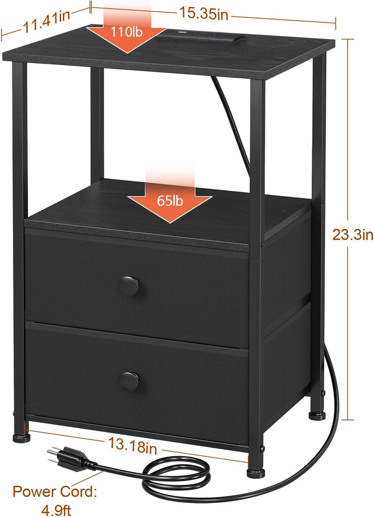 Night Stand Set 2, LED Nightstand with Charging Station, End Tables with Storage Shelf, Bed Side Table with 2 Fabric