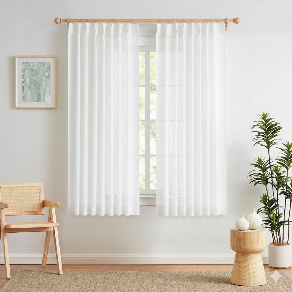 White Bohemian Pinch Pleated Semi Sheer Curtains 63 Inch Long