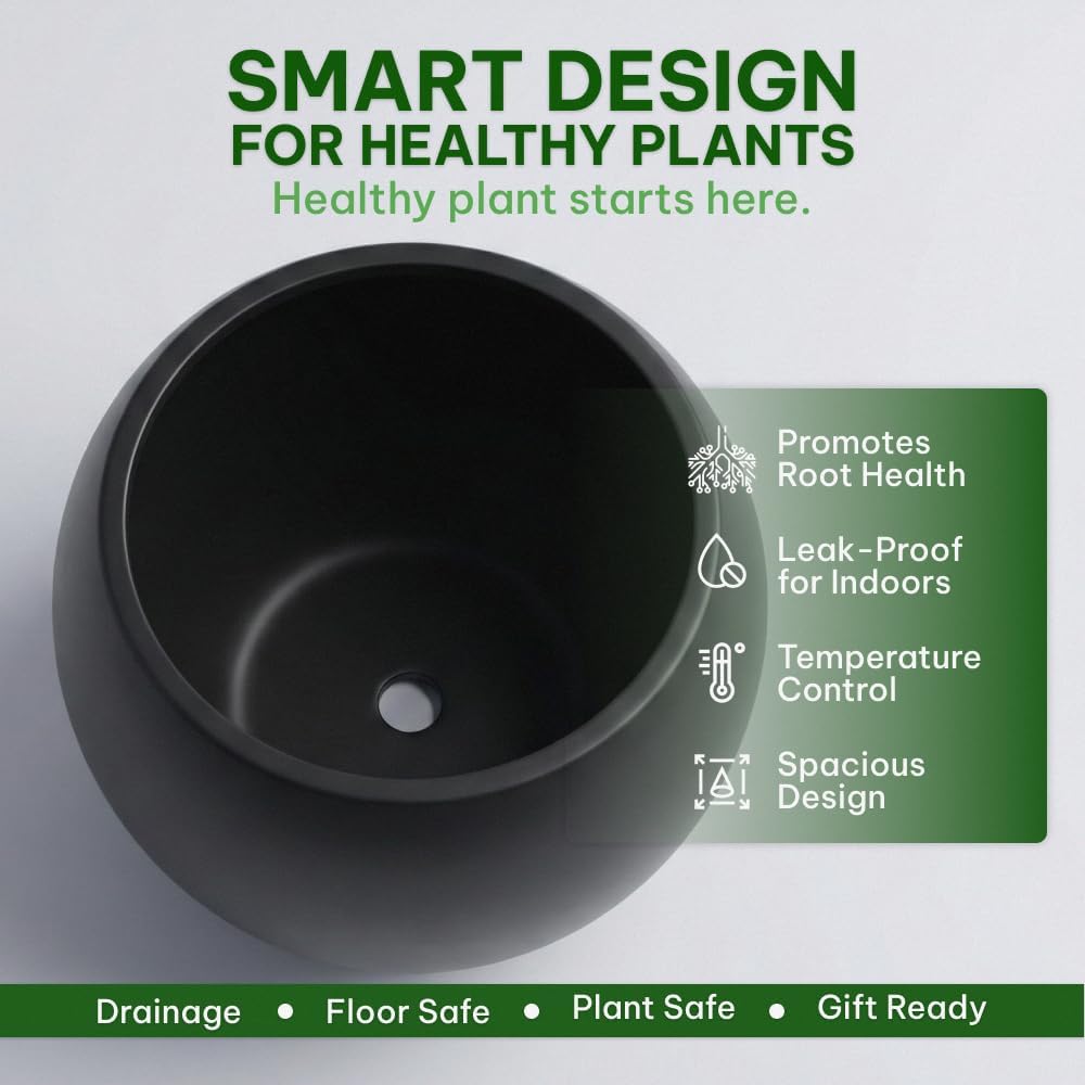 Nova Round Fiberglass Planter 16.7H x21D Indoor Outdoor Black | Coco mat included, Large plant pot, Tree