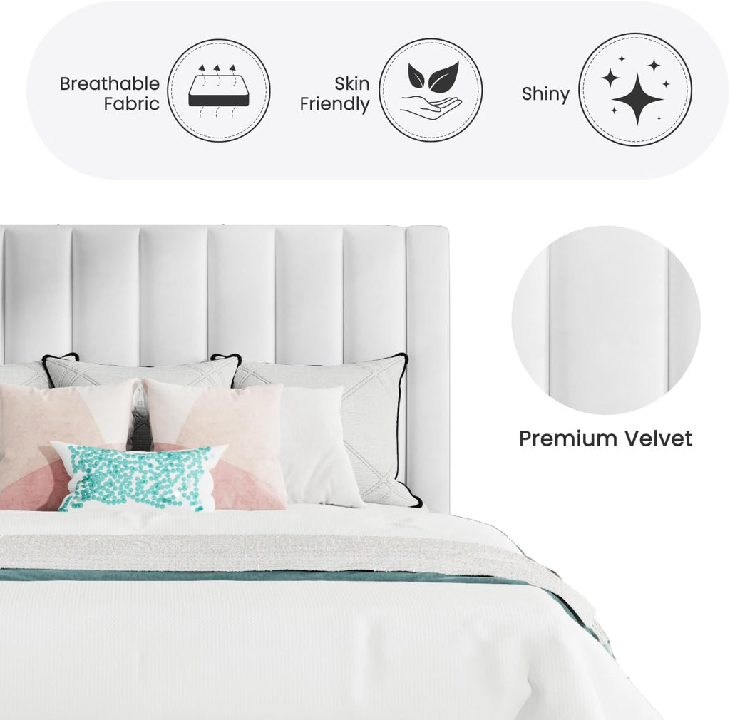 Queen Bed Frame/Velvet Upholstered Platform Bed Frame with Headboard/Strong Wood Slats Support/Mattress Foundation/No