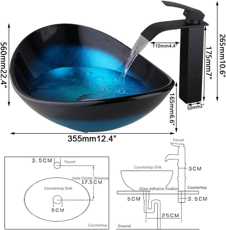 Blue Vessel Sink Oval Glass Vessel Sink with Waterfall Faucet and Pop-Up Drain Boat Shape Bathroom Sink Above