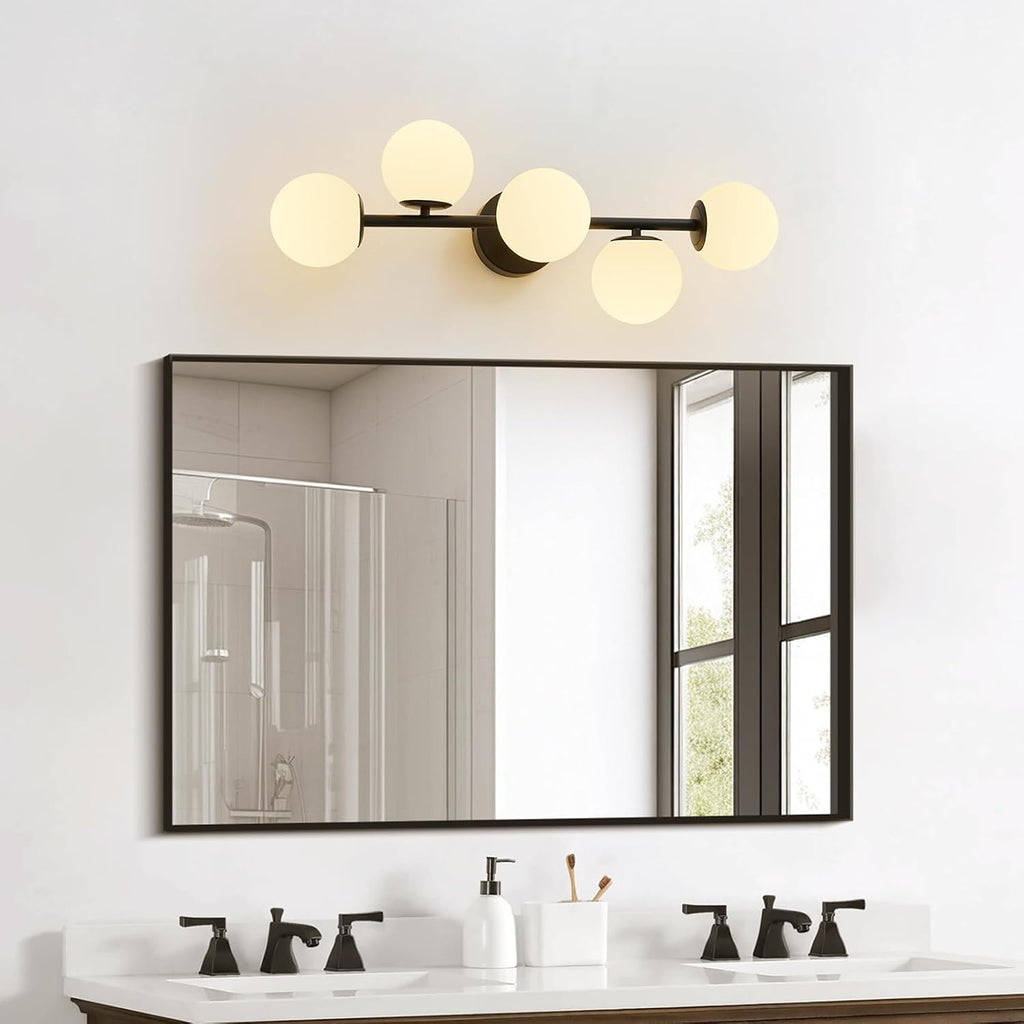 27" Mid Century Modern White Globe Black LED Bathroom Vanity Light | Matte Black Finish, Sleek Mid Century Modern