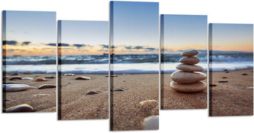 5 Pieces Canvas Prints Wall Art Zen Stones Balance Pebbles Stack on Beach Modern Wall Decor Stretched Gallery Canvas