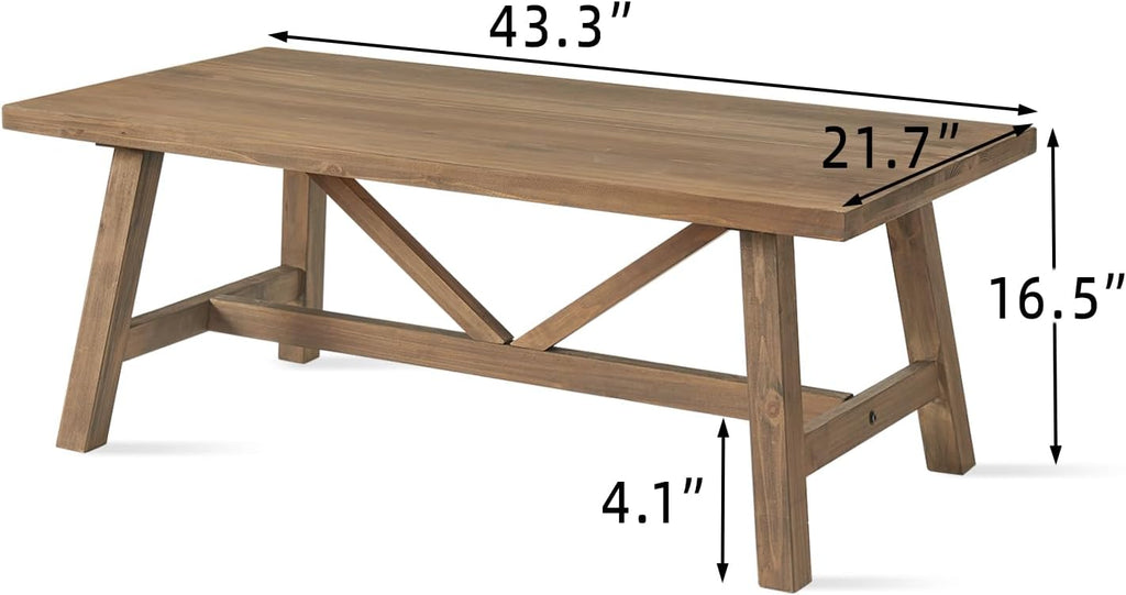 Farmhouse 43" Coffee Table,Solid Wood Center Tables and Office, Rustic Wooden Rectangular Table with V-Shaped Support