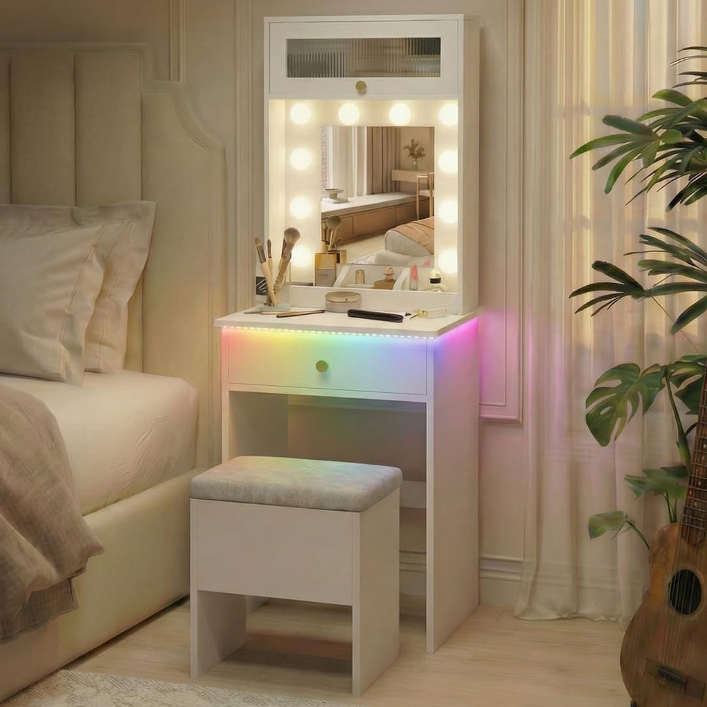 Small Vanity with Mirror & RGB Light White Makeup Set | Table Storage Rack, Mini Vanity with Storage Chair, Space