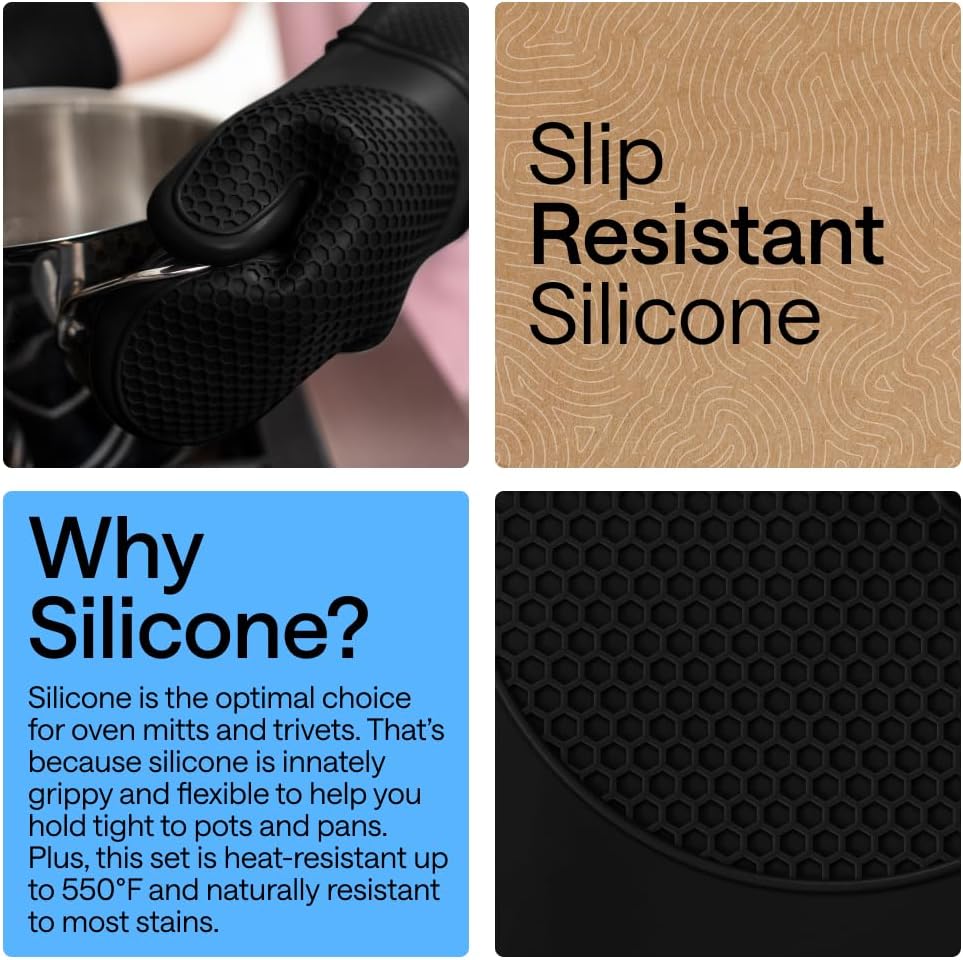 BPA-Free Soft Silicone Oven Mitts and Pot Holders Sets of 4, Heat Resistant Waterproof Cooking Gloves, Thick Cotton