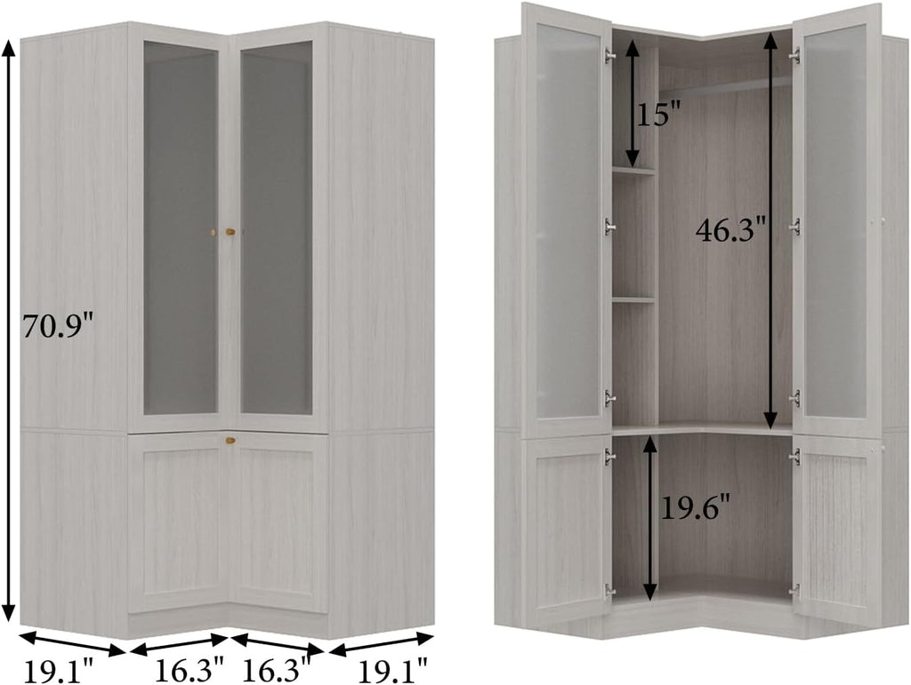 Corner Wardrobe, L-Shaped Modern Bedroom Armoires with Frosted Glass Doors and Hanging Rod, Corner Armoire Wardrobe