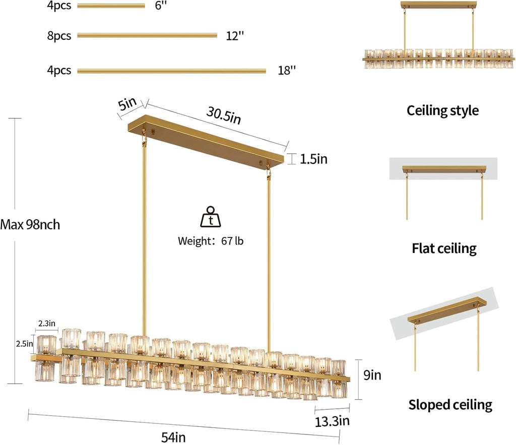 Modern Crystal Chandeliers L54in Large Brass Rectangle Chandelier, K9 Crystal Pendant Lights Kitchen Island,Chandeliers for Dining Room, For Over the Dining Table,Kitchen Island,(60xG4 Bulbs Included)